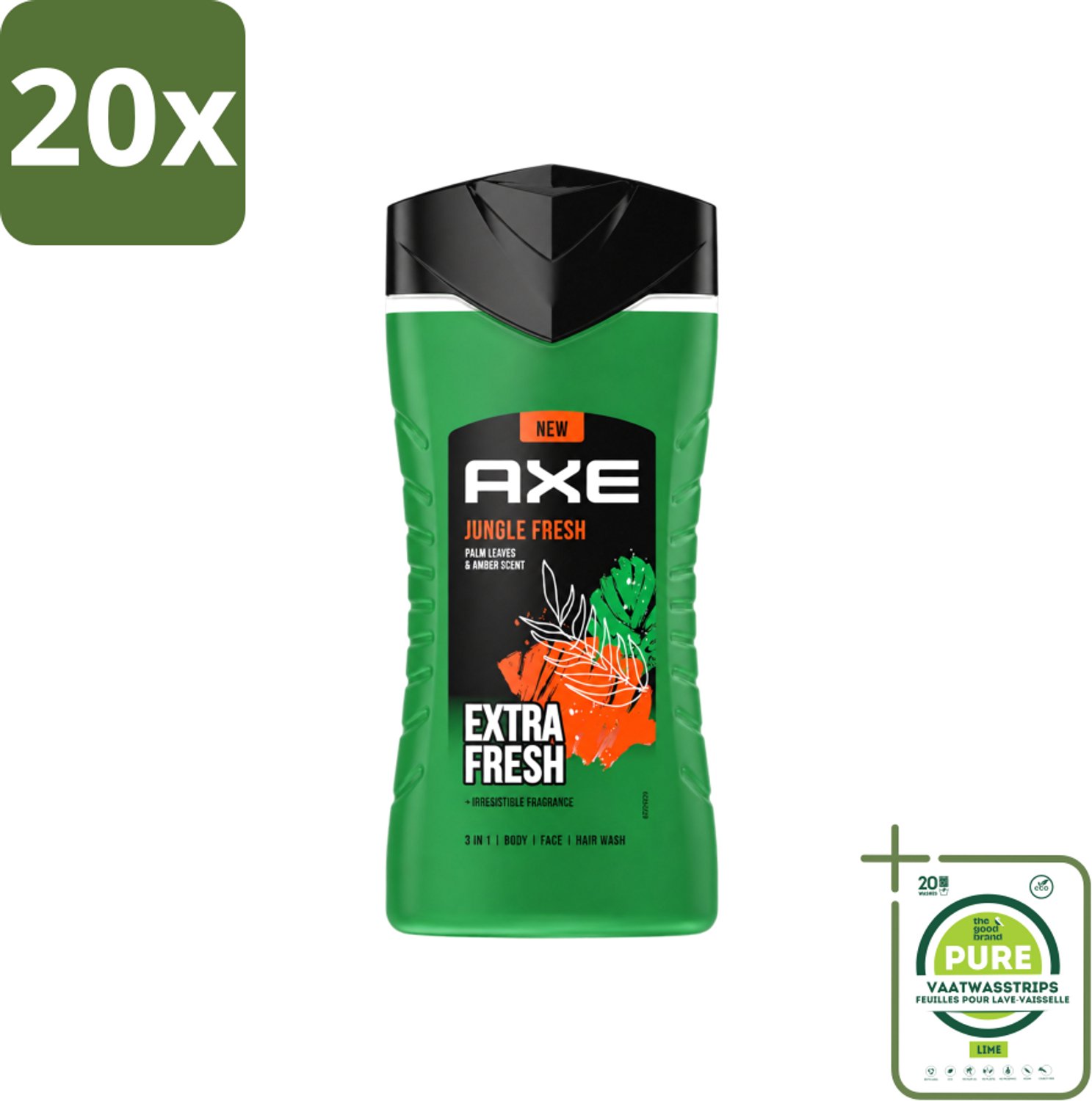 20 x Axe - 3-in-1 Douchegel - Jungle Fresh - Palm Leaves & Amber - Extra Fresh - 250 ml - Grootverpakking - Vaatwasstrips - Douchegel - Lichaam - Gezicht - Haar - Frisheid