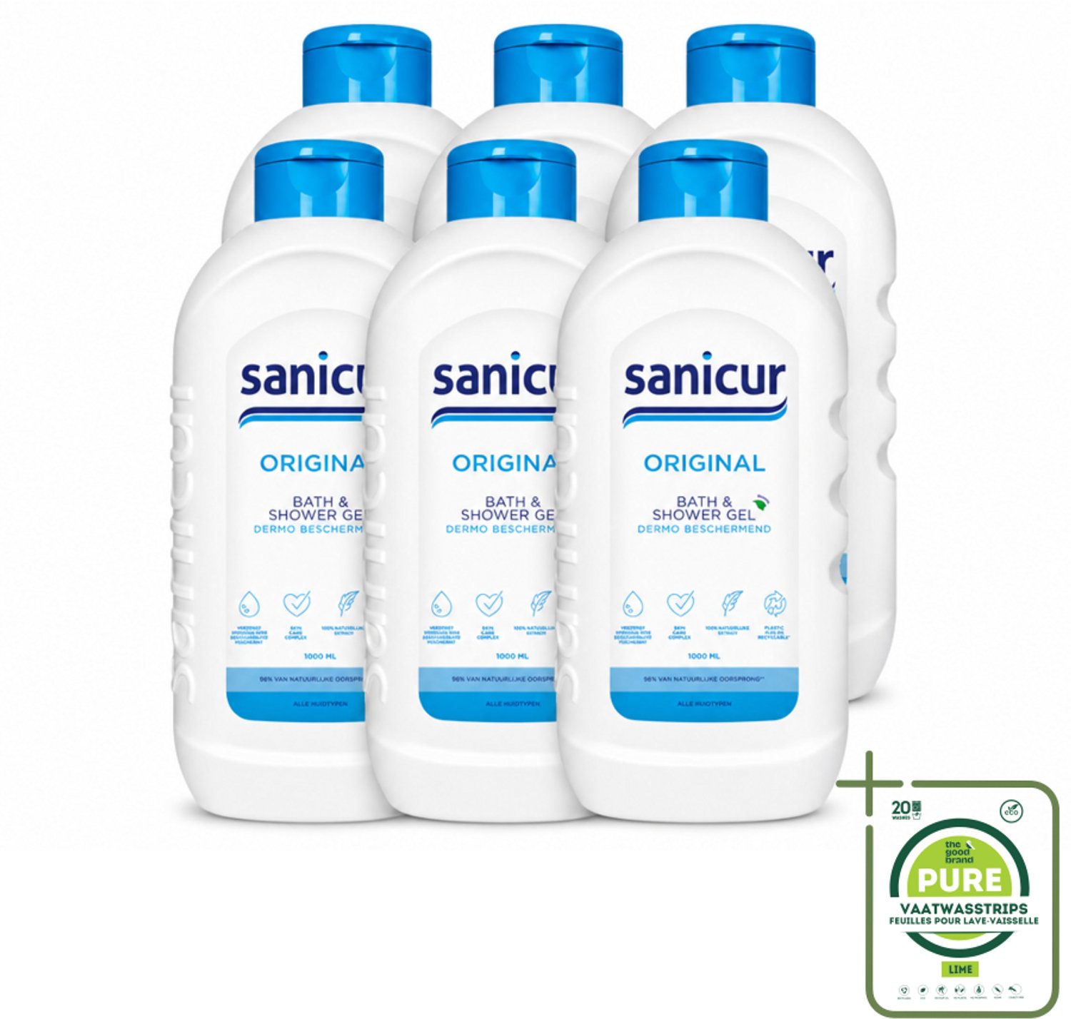6 x Sanicur – Bad & Douchegel – Original – 1000 ml - Grootverpakking - Vaatwasstrips - Bad En Douche Gel - Huidverzorging - Vochtregulerend - PH-huidneutraal - Huidbeschermend