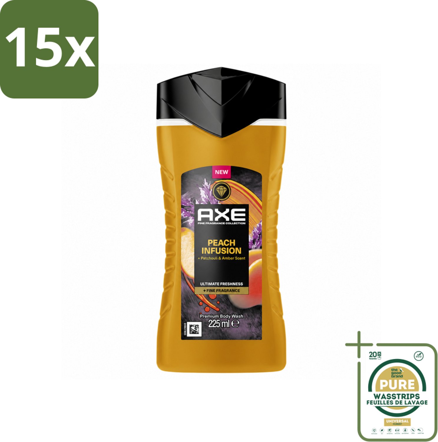 15 x Axe – Douchegel – Peach Infusion – 225 ml - Wasstrips - Douchegel - Fris Ruiken - Geur - Parfum - Luxe Geur