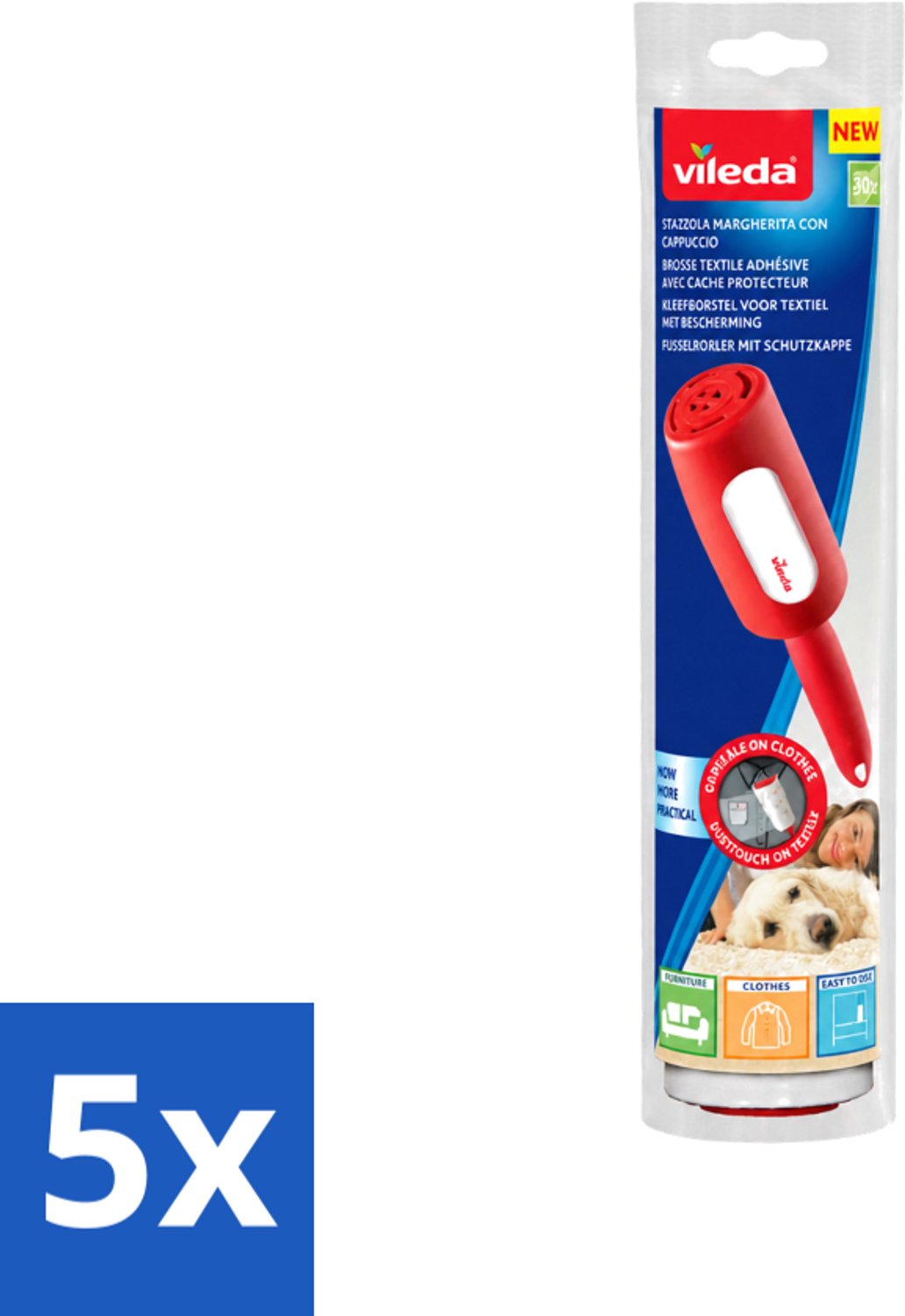 5 x Vileda - Lintroller - Pluisverwijderaar - Inclusief Beschermkap - 30 Vellen - Voordeelverpakking - 5 stuks