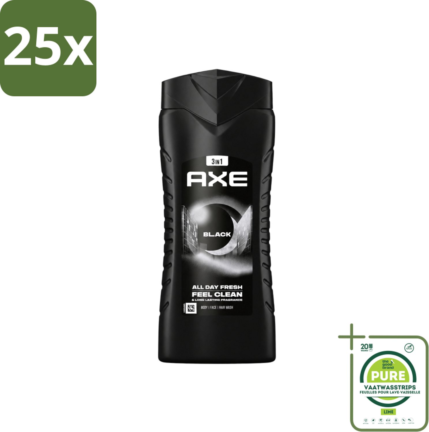 25 x Axe XL - 3-in-1 Douchegel - Black - Frozen Pear & Cedarwoord - 12hrs Long Lasting Scent - 400 ml - Grootverpakking - Vaatwasstrips - Douchegel - Lichaam - Gezicht - Haar - Frisheid