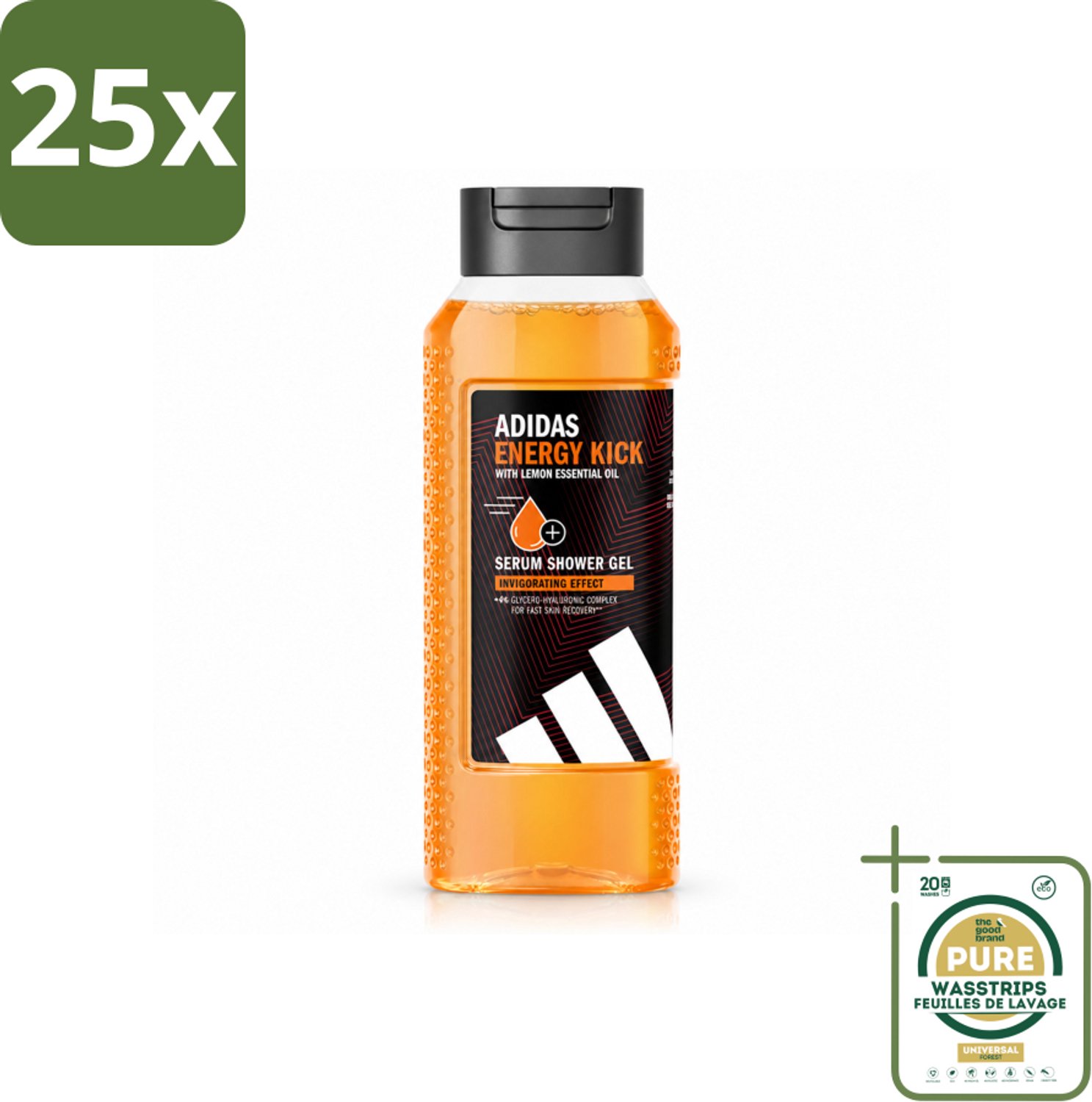 25 x Adidas – Douchegel – Active Skin & Mind Energy Kick – 250 ml - Wasstrips - Douchegel Mannen - Energieke Douchegel - Frisse Douchegel - Citroen Geur - Huidverzorging