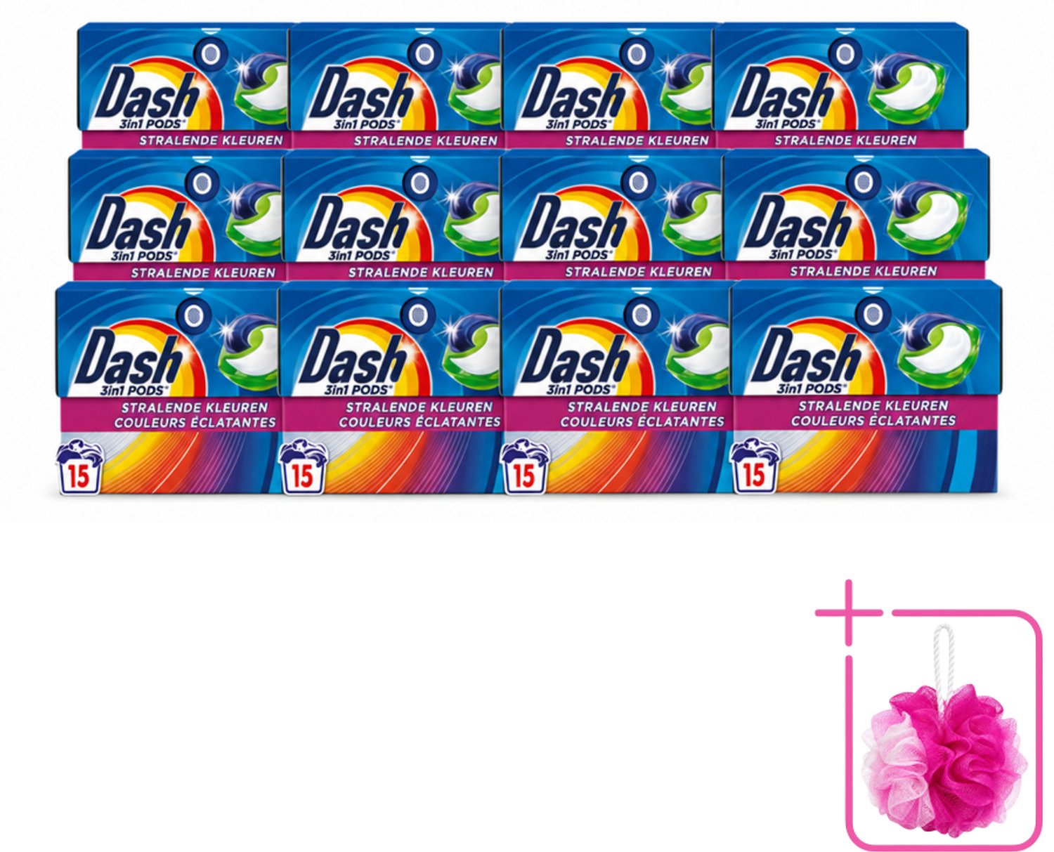 12 x Dash – Wasmiddelcapsules – 3in1 Pods Stralende Kleuren – 15 capsules - Bulkverpakking - Wasmiddel - Douchemop - Kleuren behouden
