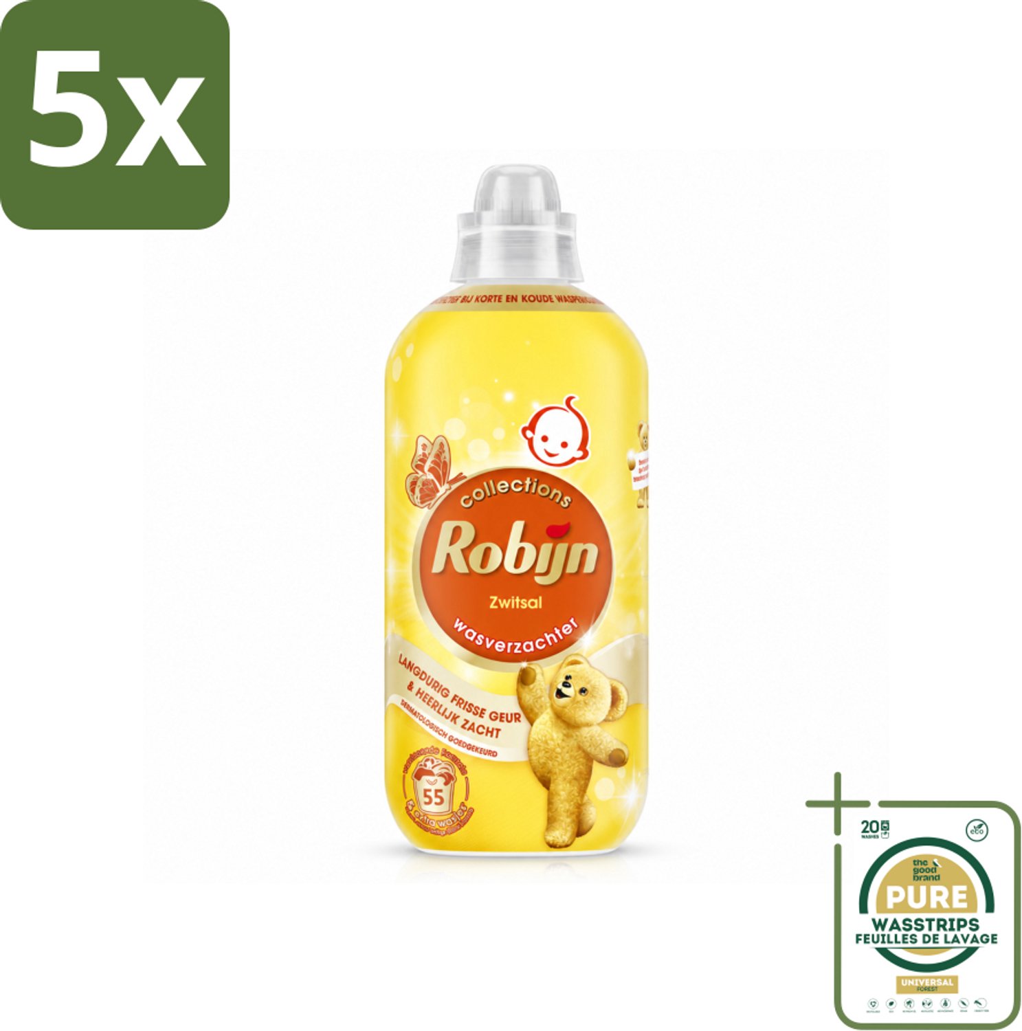 5 x Robijn – Wasverzachter – Zwitsal – 1,1 L - Wasstrips - Wasverzachter Zwitsal - Wasverzachter - Wasverzachter Zwitsal 55 Wasbeurten - Wasverzachter Zwitsal 1.1 L - Wasverzachter Zwitsal 1100 Ml