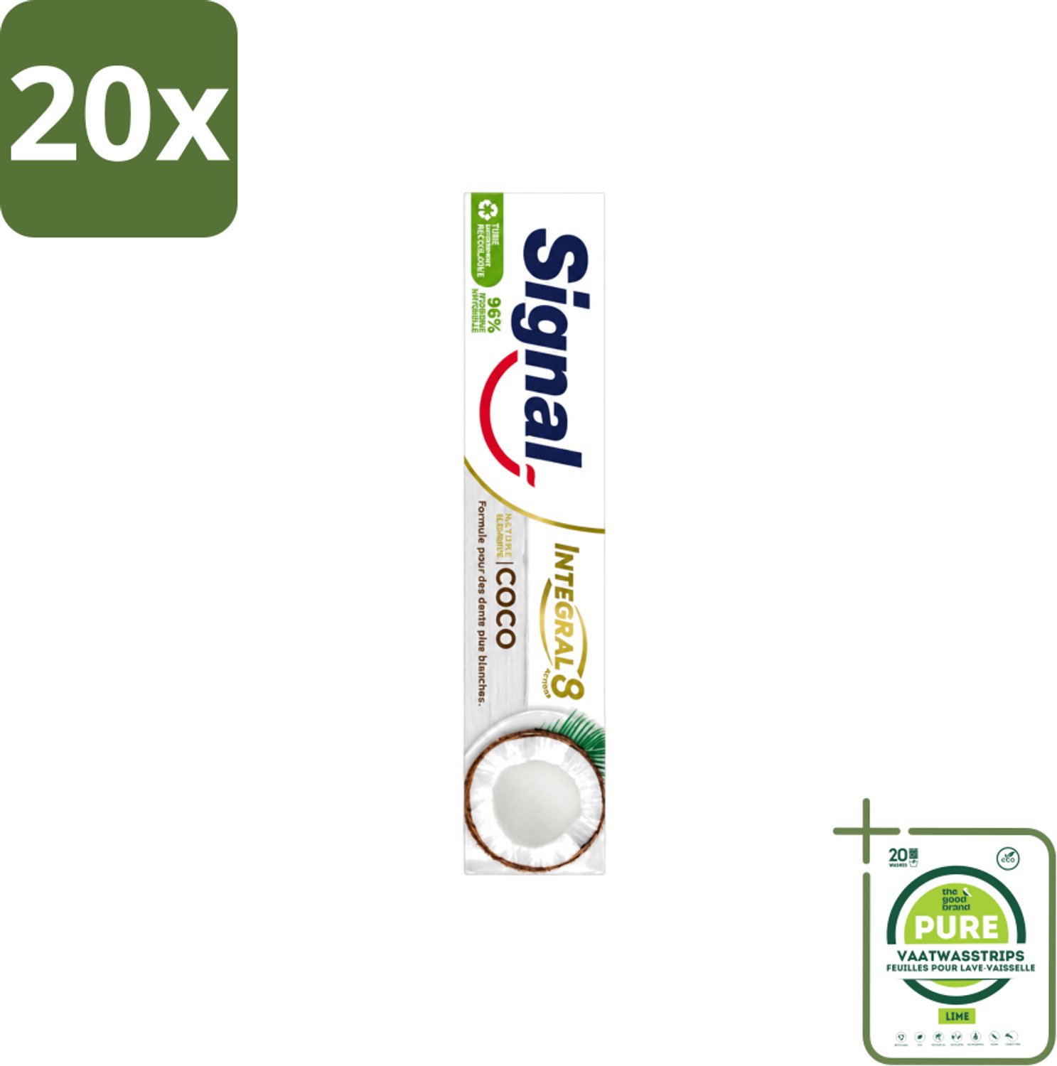 20 x Signal - Integral & Actions - Tandpasta - Natuurlijke Elementen - Kokos - Voor Witte Tanden - 75 ml - Grootverpakking - Vaatwasstrips - Tandpasta - Natuurlijke Tandpasta - Kokos Tandpasta - Witte Tanden - Tandbescherming