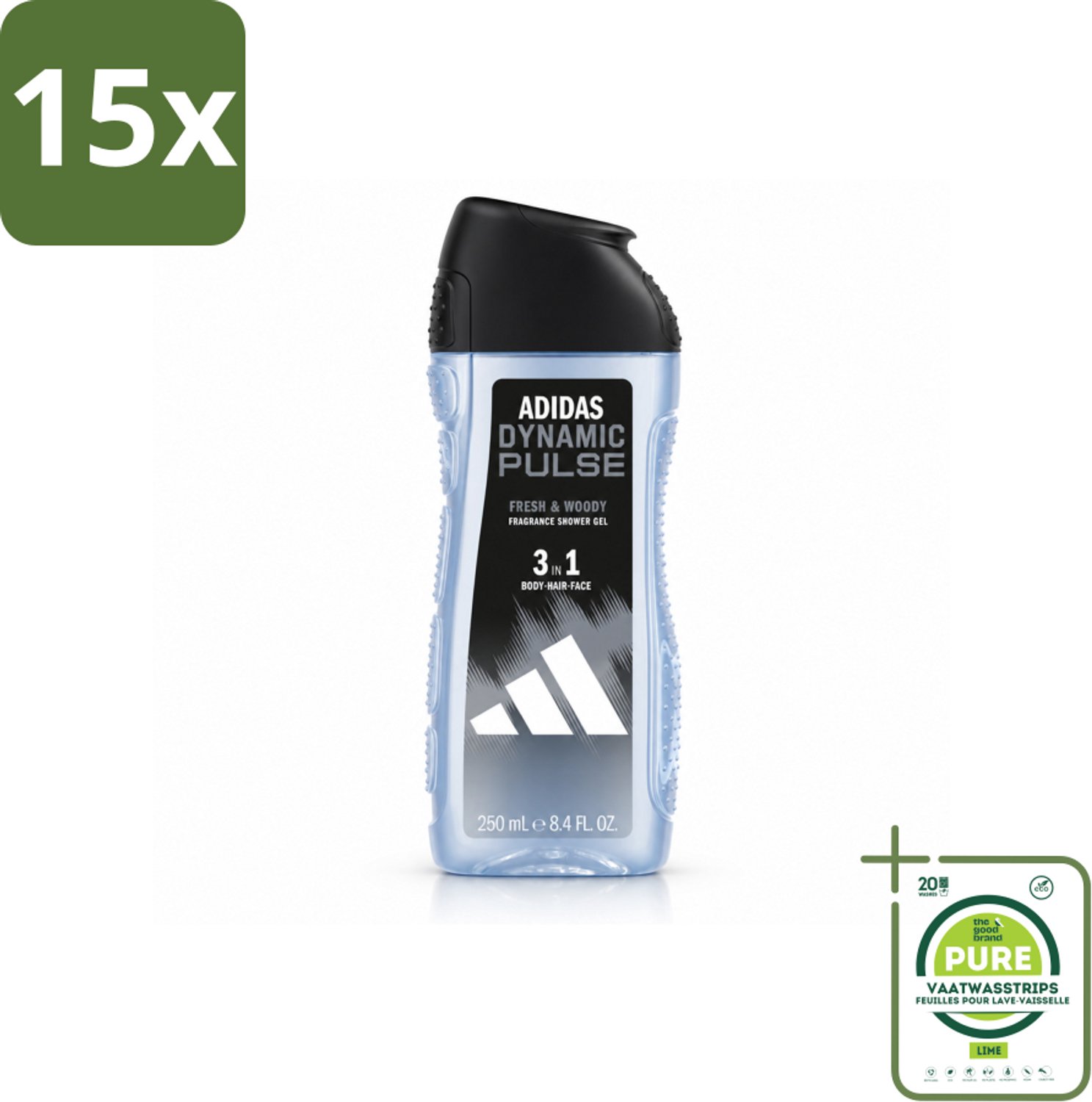15 x Adidas – Douchegel 3-in-1 – Dynamic Pulse – 250 ml - Grootverpakking - Vaatwasstrips - Douchegel - Sportieve Geur - Munt - Energie - Frisheid