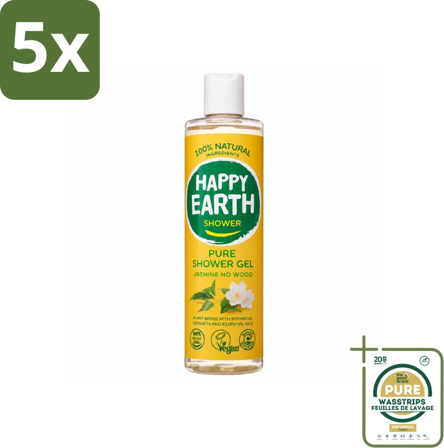 5 x Happy Earth – Douchegel – 100% Natuurlijk Jasmine Ho Wood – 300 ml - Wasstrips - Douchegel - Natuurlijke Douchegel - Vegan Douchegel - Jasmijn Douchegel - Ho Wood Douchegel