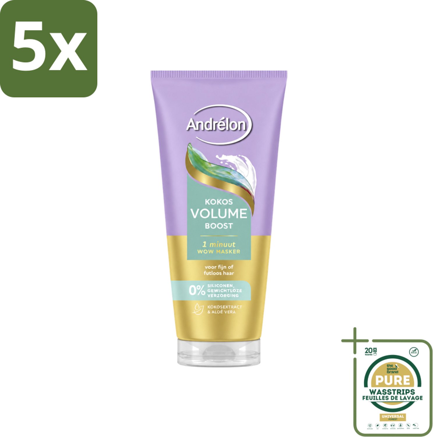 5 x Andrélon – Haarmasker WOW – Kokos Volume Boost – 180 ml - Wasstrips - Haarmasker - Volume - Fijn Haar - Futloos Haar - Luchtig Haar