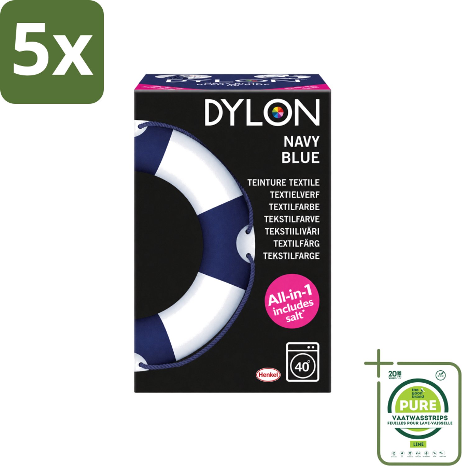 5 x Dylon - Textielverf - Navy Blue - All-in-One - Inclusief Zout - 350g - Grootverpakking - Vaatwasstrips - Textielverf - Kleding Verven - Kleurstof - Katoen Verven - Stof Verven