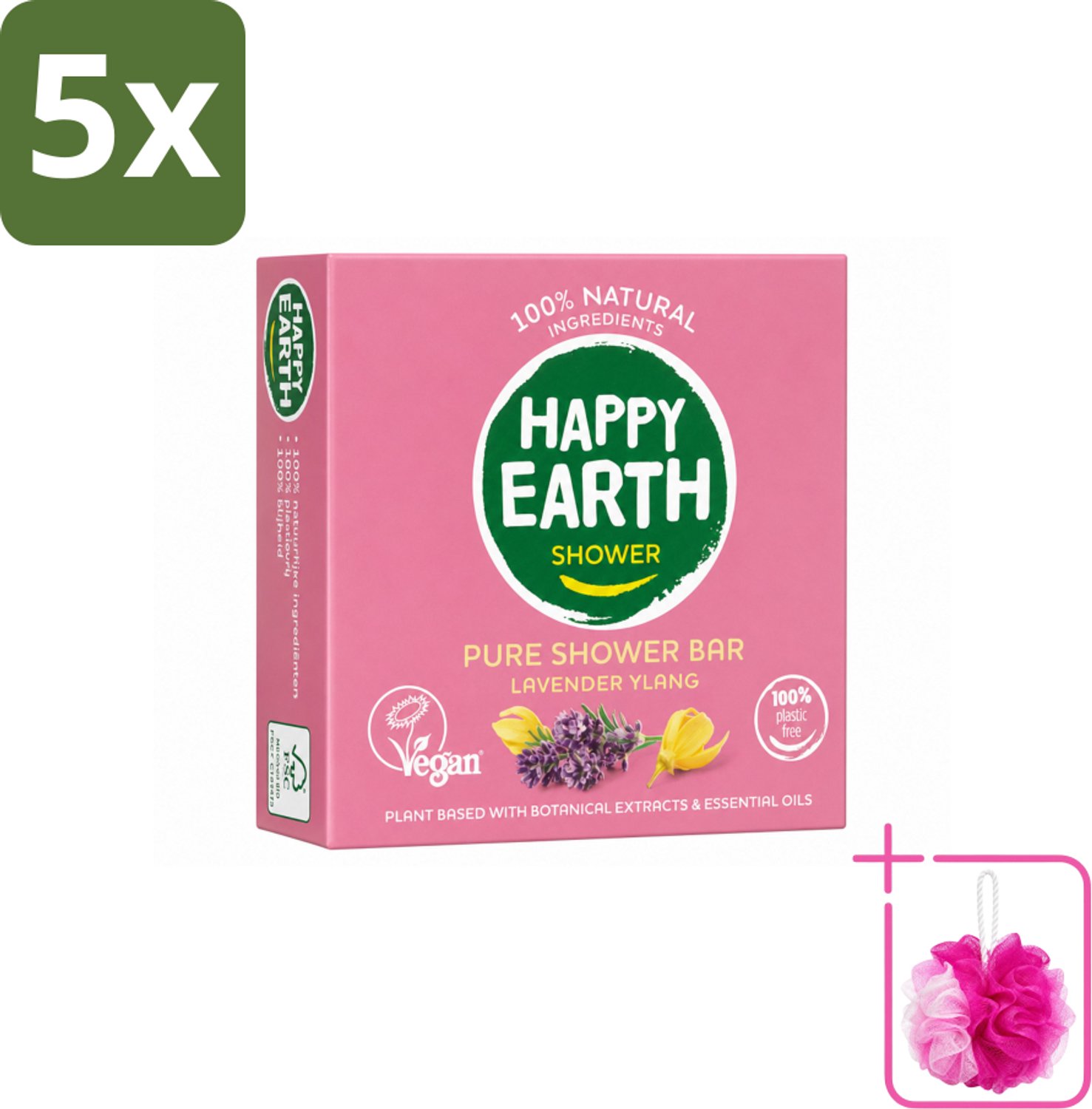 5 x Happy Earth – Shower Bar – 100% Natuurlijk Lavender Ylang – 90 g - Bulkverpakking - Douchegel - Douchemop - Natuurlijke douchegel