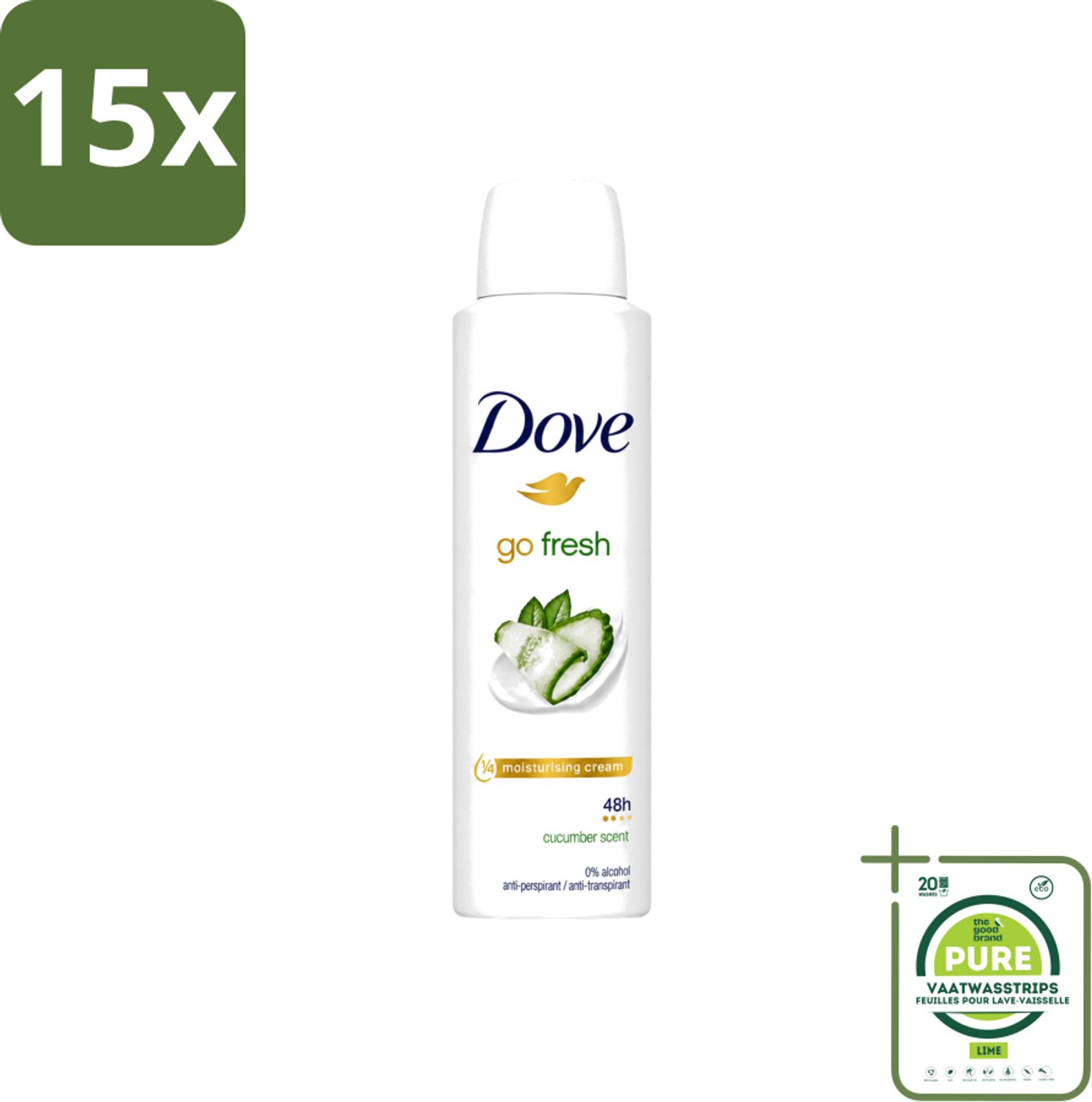 15 x Dove Go Fresh - Deospray - Komkommer - 150 ml - Grootverpakking - Vaatwasstrips - Dove Go Fresh Deospray - Komkommer - Geur - Deodorant - Transpiratie