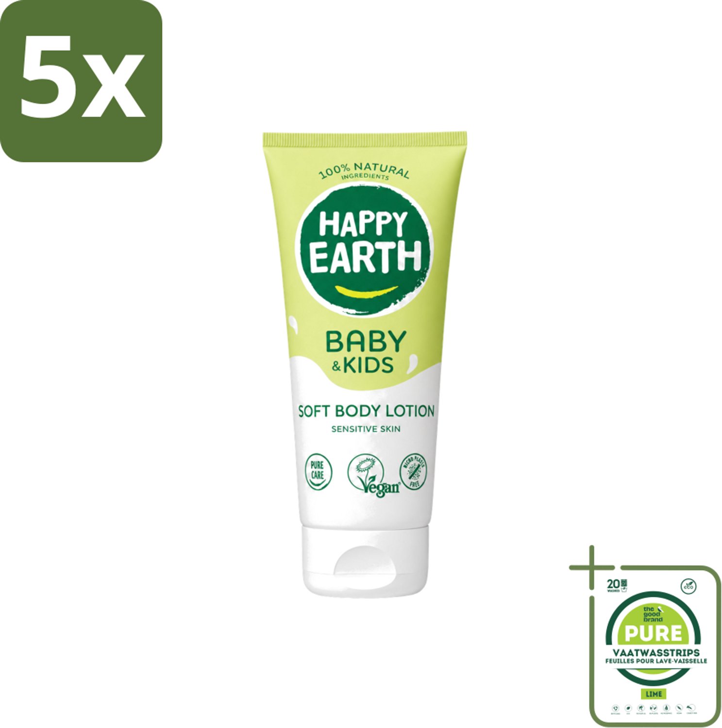 5 x Happy Earth – Bodylotion – 100% Natuurlijk Baby & Kids – 200 ml - Grootverpakking - Vaatwasstrips - Babylotion - Kinderhuid - Natuurlijke Bodylotion - Gezonde Huid - Gevoelige Huid
