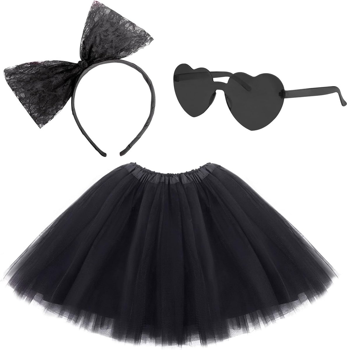 Carnavalskostuum voor dames met tule rok voor dames, haarbanden met strik, hartbril, accessoires voor carnaval, voor dames en meisjes, accessoires voor Halloween-kostuums