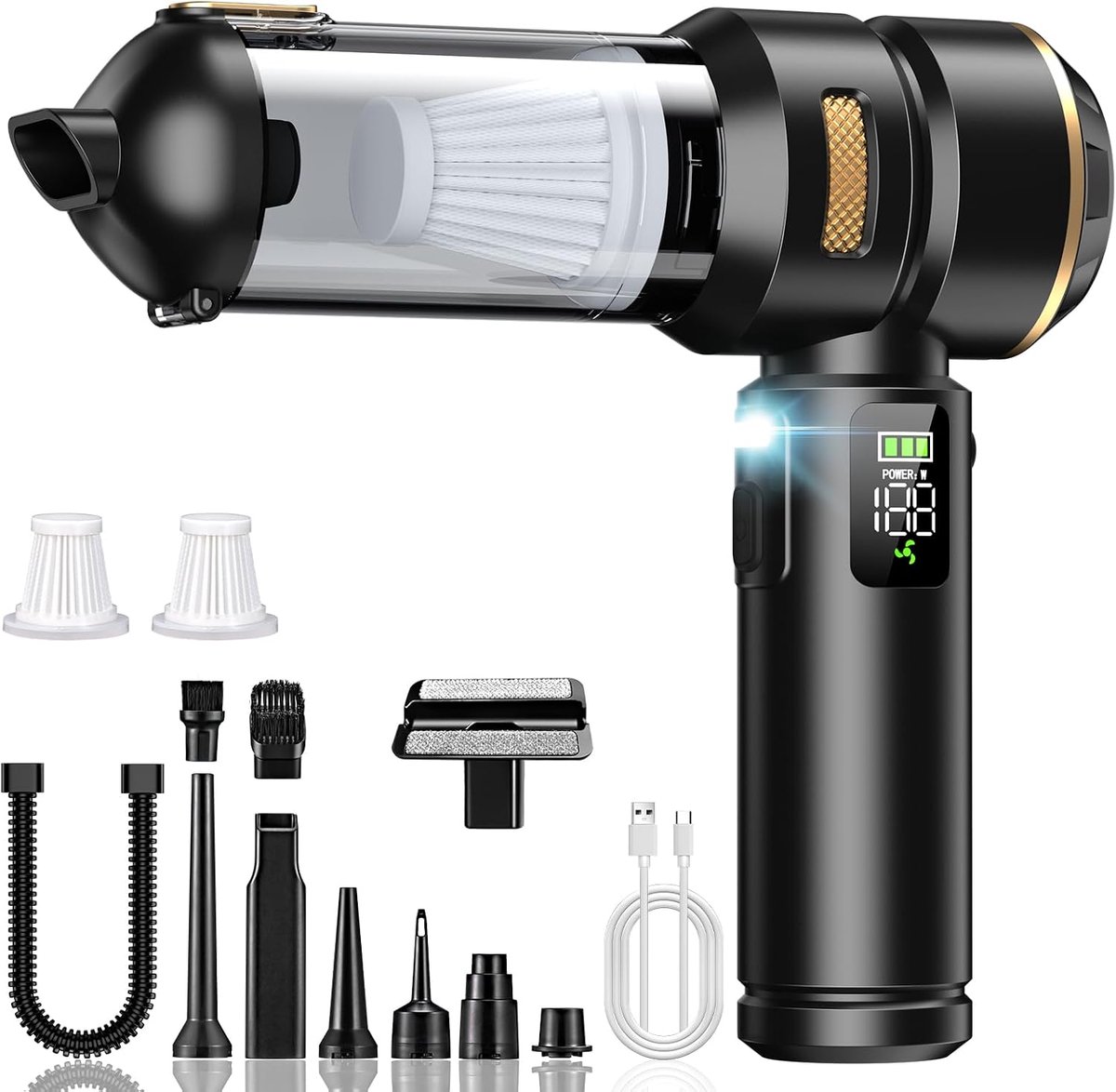 Handstofzuiger met accu, 4-in-1, 32000 Pa autostofzuiger, draadloos, lcd-display, autostofzuiger, borstelloze motor, 300.000 omw/min, stofzuiger voor auto, kantoor, dierenharen