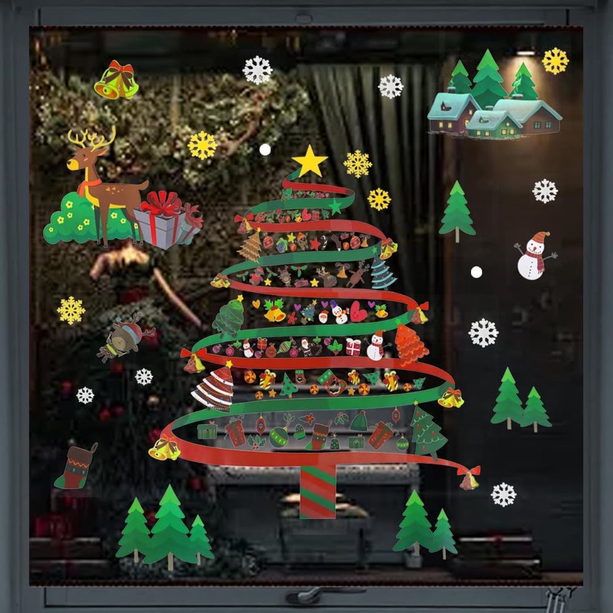 Kerststickers voor ramen, dubbelzijdig kerstdecoratie, pvc, herbruikbaar, geschikt voor ramen, kerstdecoratie