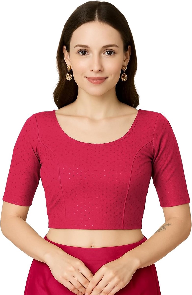 Fashion Kant-en-klare sari-blouse met ronde hals, gemaakt van katoenen lycra met een subtiel geweven patroon en met 3/4-mouwen