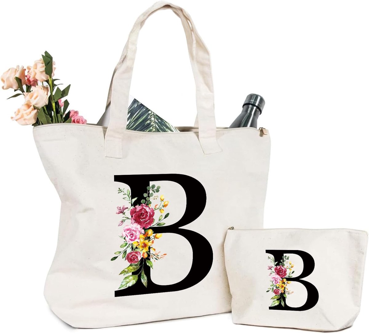 Damestas, shopper met letters en bloemen, katoenen canvas, cosmetica voor bruid, bruidsmeisje, cadeau-idee voor moeder, verjaardag, bruiloft (B)