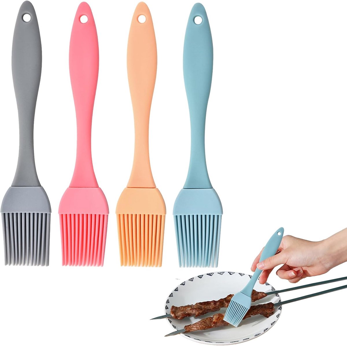 4 stuks siliconen penselen voor de keuken, oliekwast, kookkwast, pastry bakkwast, siliconen kwast voor bakken, levensmiddelen, siliconen keukenborstel, bakaccessoires, bakkwast, natuurlijke haren,