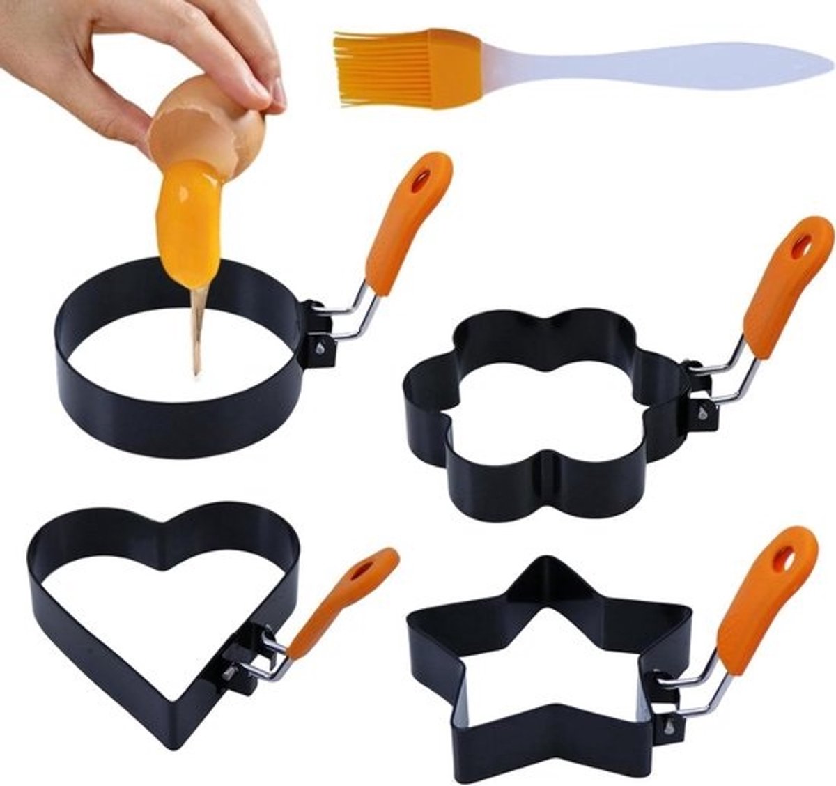 Eierringen RVS - Kookvorm gebakken ei - Ontbijt maken - Vier leuke vormen - 3 inch - Zwart