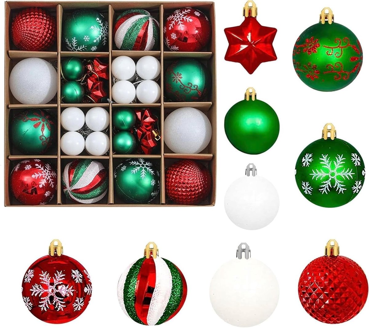 Kerstballen, 42 stuks rode groene en witte kerstboomballen kersthangballen ornamenten decor kerstboomversieringen onbreekbare ballen seizoensgebonden decoratieve wintervakantie feest thuis