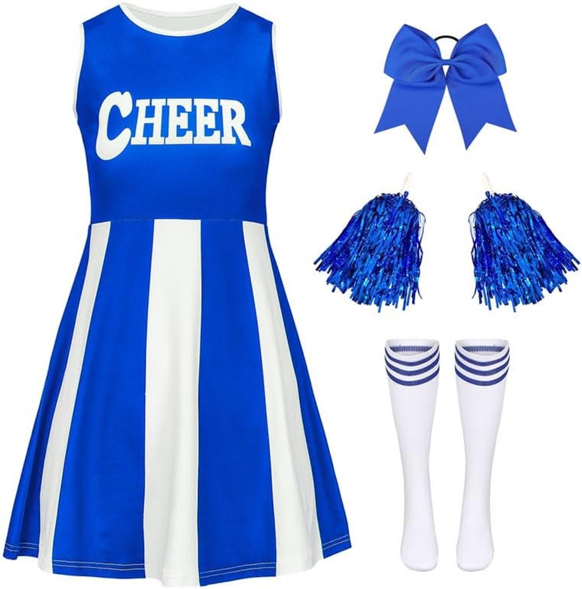 Cheerleader-kostuum voor kinderen, meisjes, cheerleader-kostuum, outfit, cheerleading, uniform, jurk met haarelastiek, pompons en sokken, carnavalskostuums voor kinderen, voor carnaval