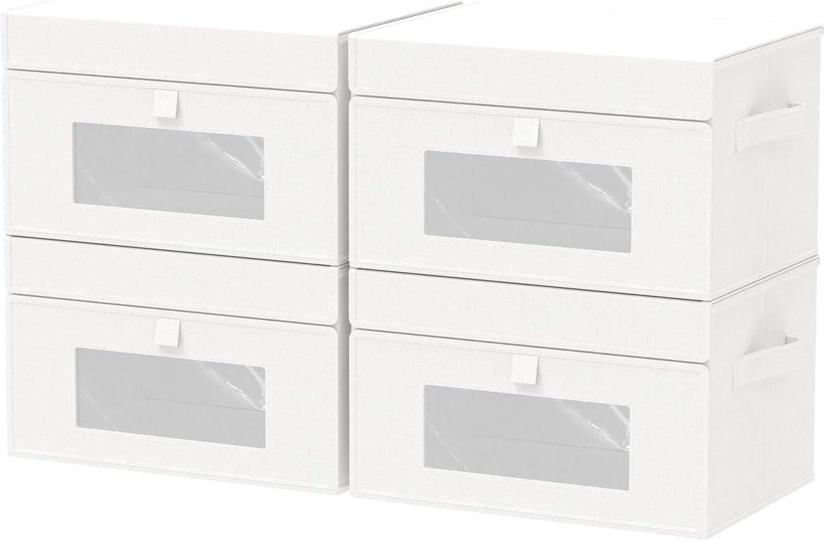 4 stuks opbergdozen met transparant venster, opvouwbaar, met deksel, rechthoekige kubusvormige stoffen mand met handvat, wit, 26 x 20 x 17 cm, XSNY17WS-4