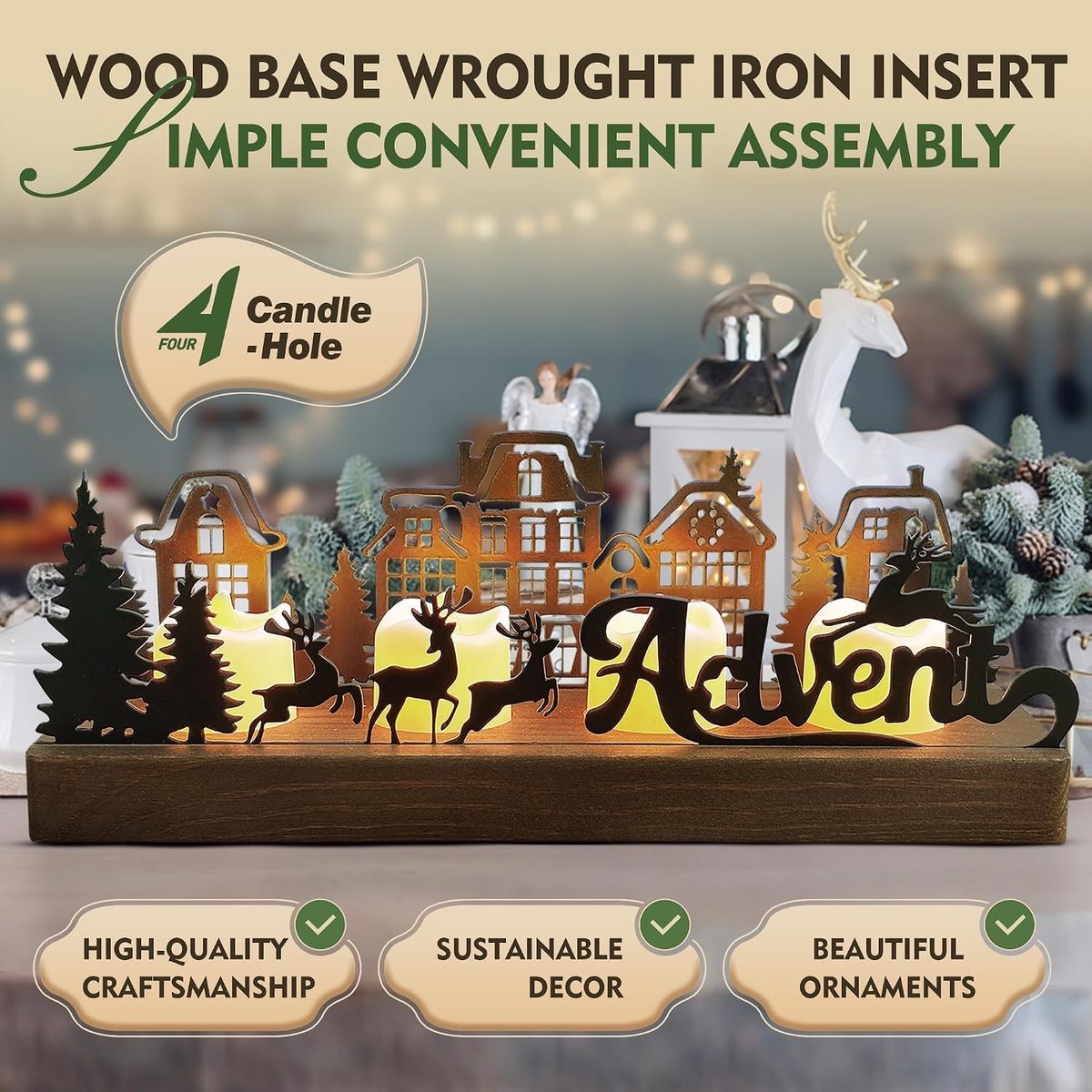 Adventskrans - Zwart - 26 x 8 x 9,5 cm - Metalen Kandelaar met Houten Houders - Voor Kerstdecoratie – foto 2