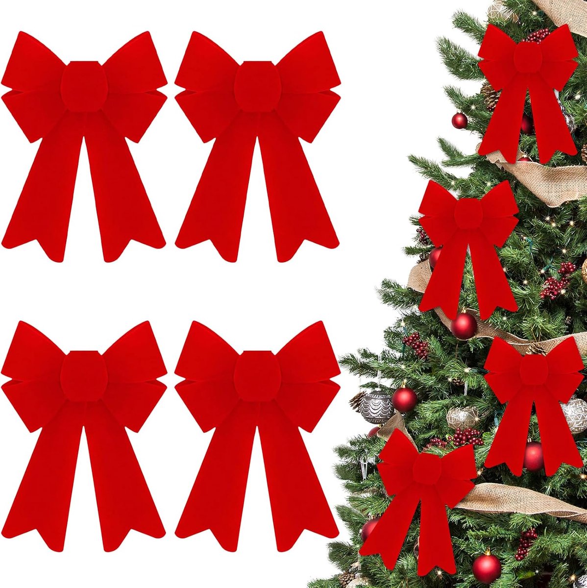 rood, 15 x 13 cm, strik voor boom, lint, kerstboom, pvc, kerststrikken, velours, voor deuren, kerstbomen, ramen en open haarden