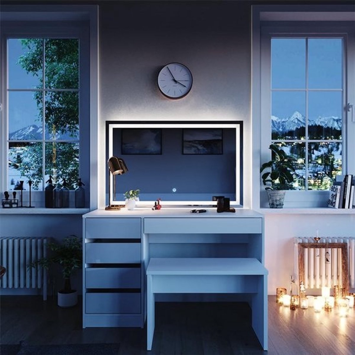 Make-up Tafel Set met LED Spiegel en Bank - Wit Hoogglans 120 cm