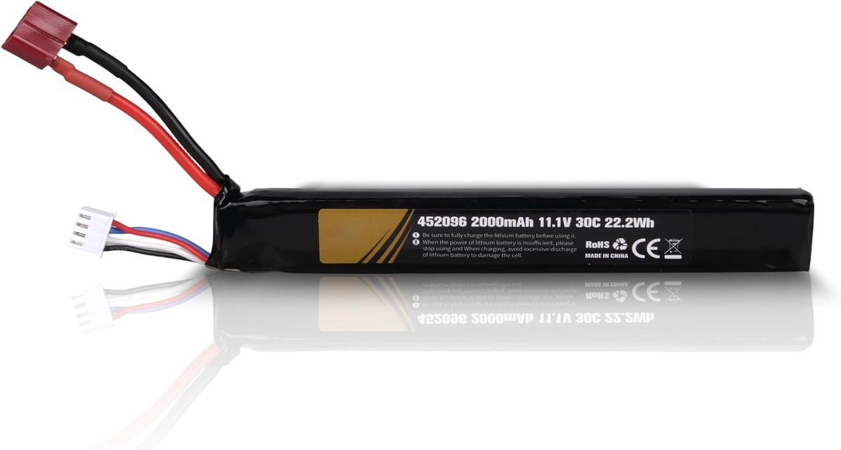 11,1V 2000mAh 30C 3S LiPo Oplaadbare Batterij met Deans-T Connector, 22,2Wh Accupakket Compatibel met Airsoft M4, M110, AK47, L85, MP5, Scar, M249, AUG, AEG, MP5K, M60 Speelgoedmodel