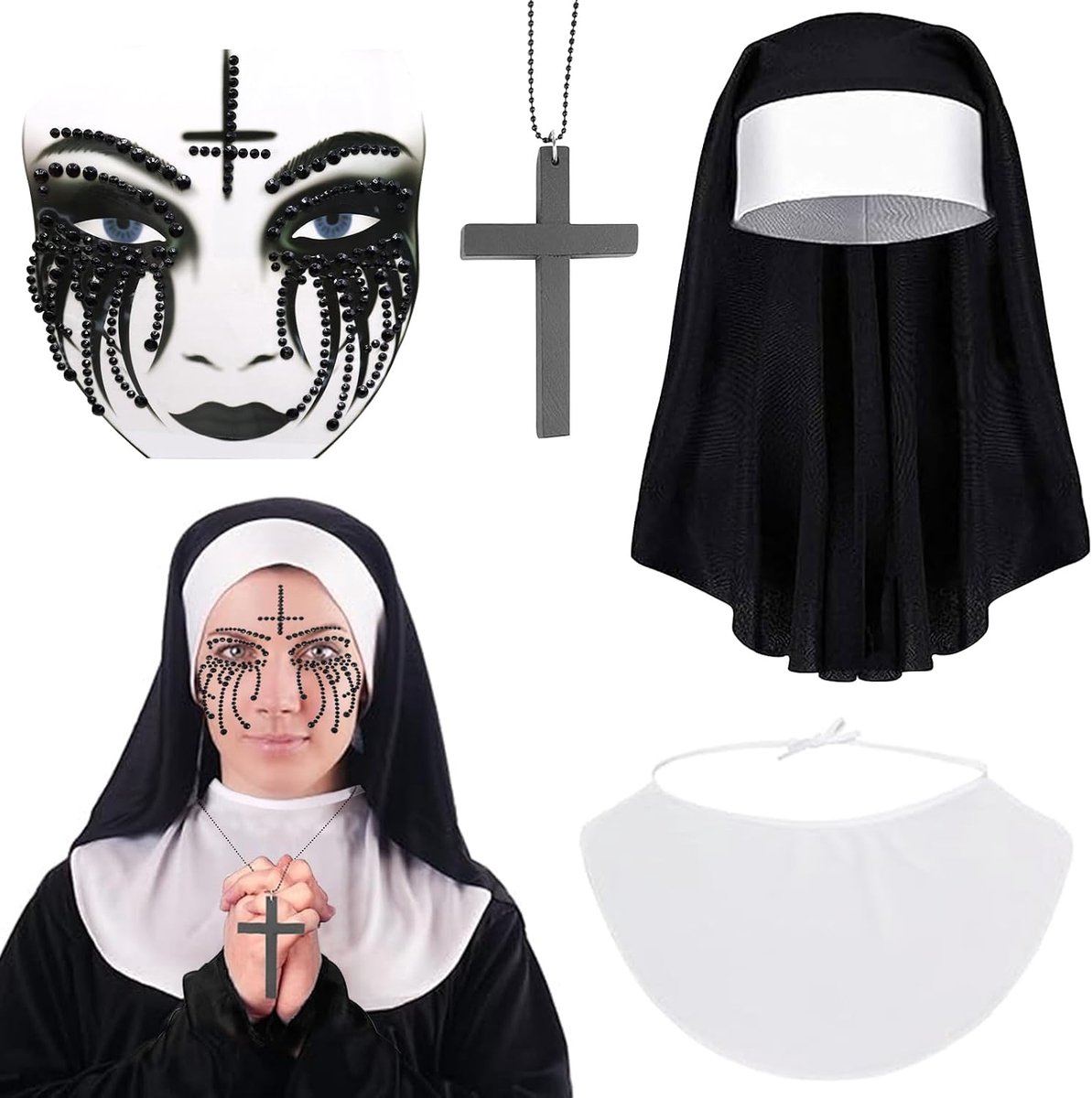 4 stuks nonnenkostuum voor dames, Halloween horror nonnen kostuum, Halloween nonnen dames met kruisketting, Halloween glitterstenen gezicht, nonnenkap, kraag, goed voor Halloween, carnaval, cosplay