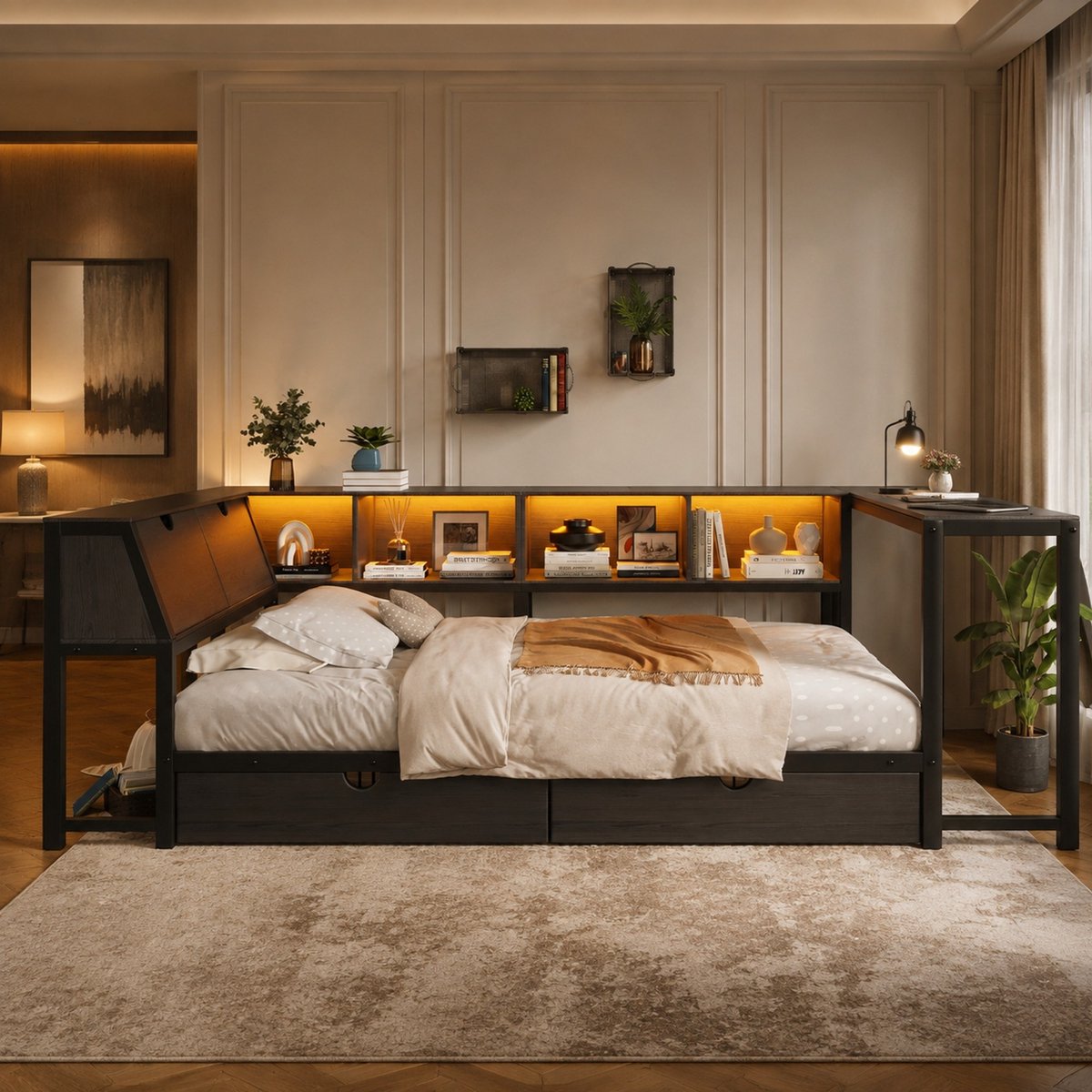 COVREO Eenpersoonsbed met bureau en lades – 90x200 cm – Slaapmeubel met LED-verlichting – MDF en metaal – Zwart - zonder matras