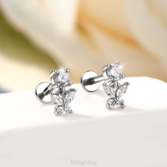 Draadloze Push Pin Labret Stud Vlinder & Bloem CZ Dangle Helix Oorbel 16G Kraakbeen Stud 316L Roestvrij Staal Platte Terug Piercing Sieraden 6mm/8mm Tragus Oorbel — afbeelding 5