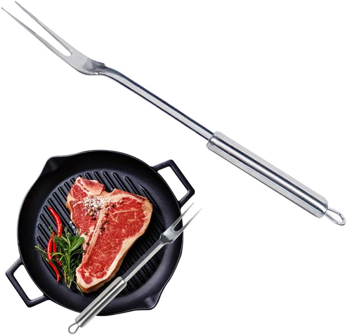 stalen grillvork met ovale handgreep, lange greep grillvork met hangend ringservies kan in de vaatwasser worden gewassen. Kan in de keuken, in het restaurant en bij veldactiviteiten worden gebruikt.