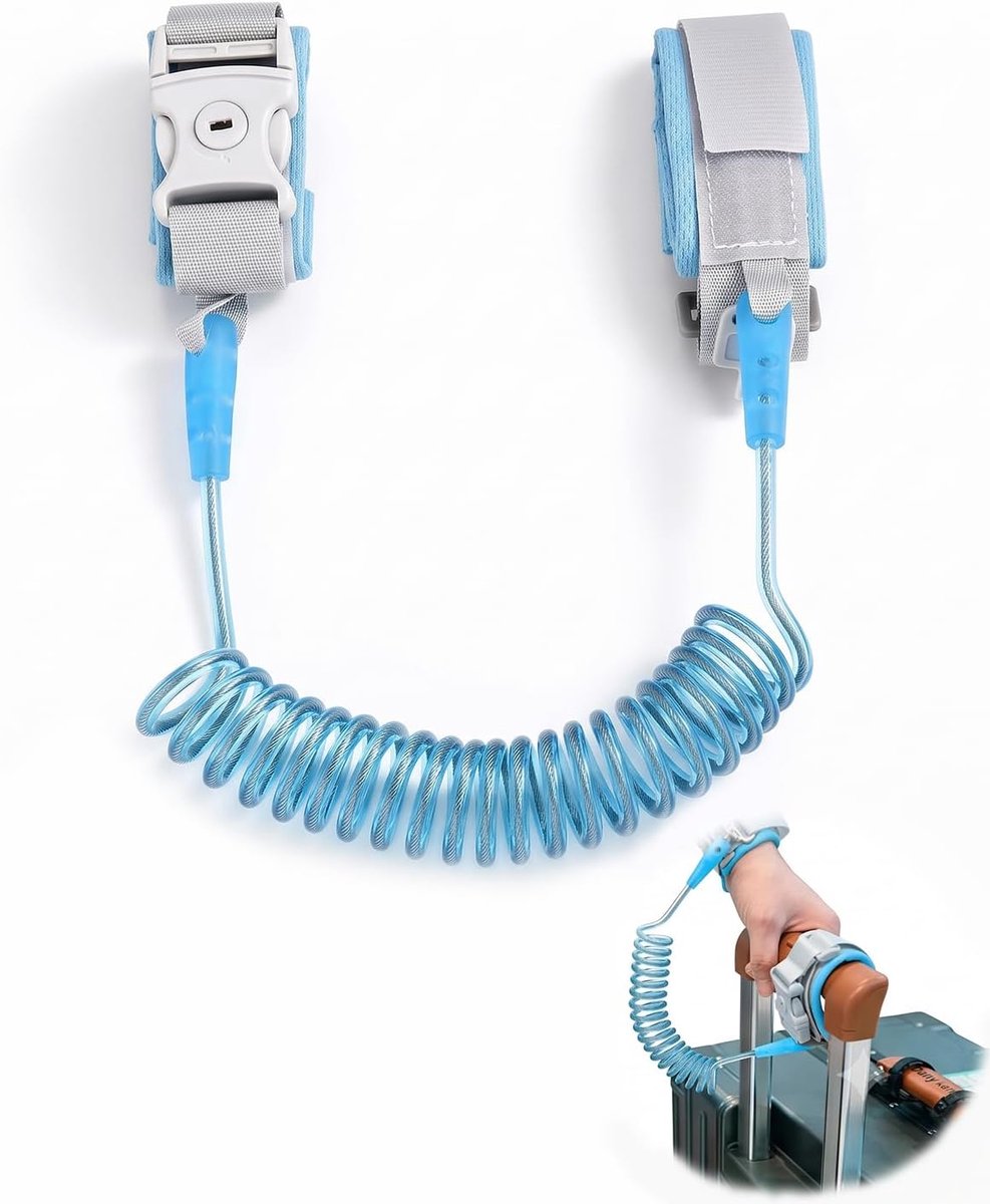 Veiligheidsriem voor kinderen en polsband tegen verlies, 1,5 m (grijs-blauw, 1 stuk), polsband van kunststof met veilige sluiting, vloeistofcontrole, anti-verlies voor uitstapjes