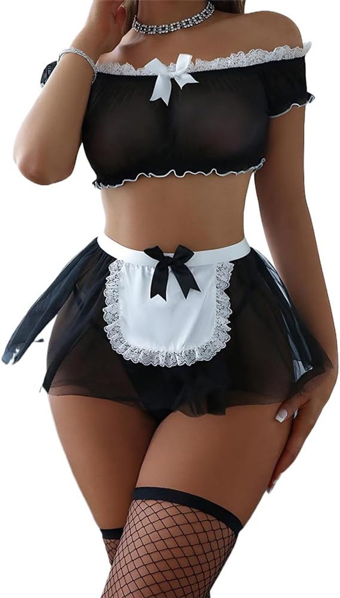 Lingerie Maid cosplay kostuum minirok dienstmeisje outfit dames rollenspel set babydoll lingerie negligé prikkelende lingerie nachtkleding met kousen