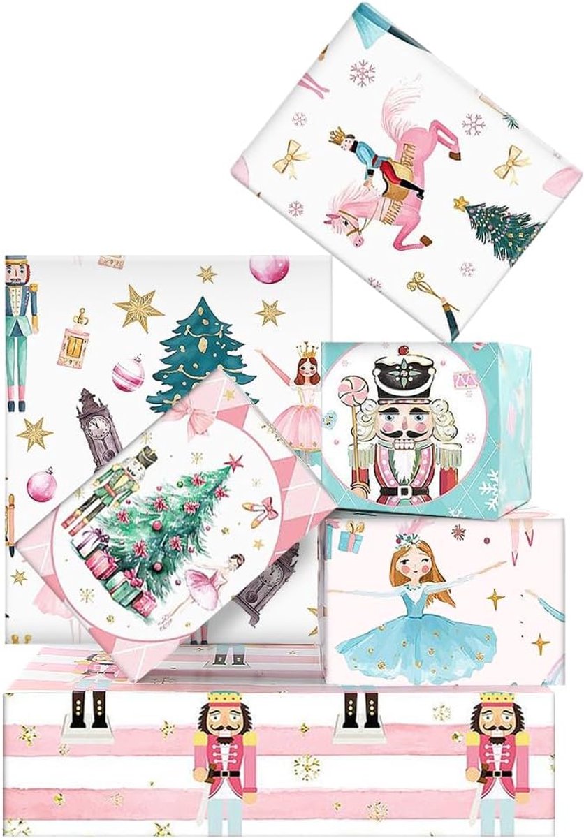 Cadeaupapier Kerstmis 6 vellen, kerstnotenkraker prins ballet meisjes cadeaupapier, kerstboom geschenkverpakking, roze voor Kerstmis Nieuwjaar verjaardag jongens meisjes