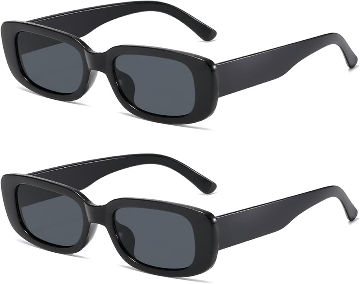 2 paar rechthoekige vierkante zonnebril voor dames en heren, dikke retangle, gepolariseerde vintage zonnebril voor dames en heren, UV400-bescherming, retro, vintage (zwart)