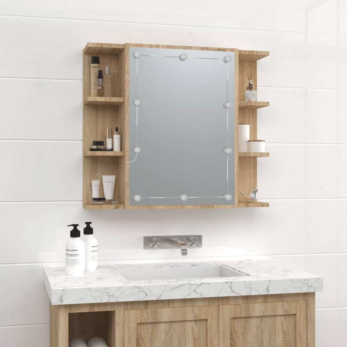 Spiegelkast met led, Sonoma-eiken, 70 x 16,5 x 60 cm, spiegelkast, badkamerkast met spiegel, badkamerkast met spiegel, spiegelkast voor badkamer, P808876