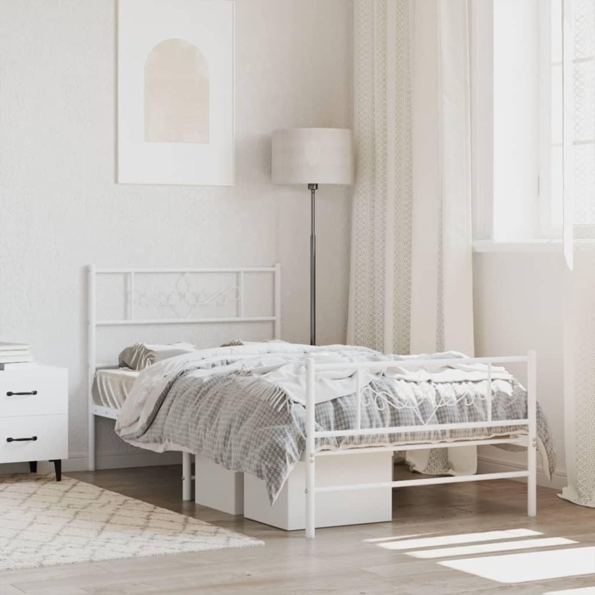 Bedframe met hoofd- en voeteneinde, metaal, wit, 100 x 200 cm, bedframe voor woonkamer, hotelbedframe, slaapkamer, geschikt voor slaapkamer