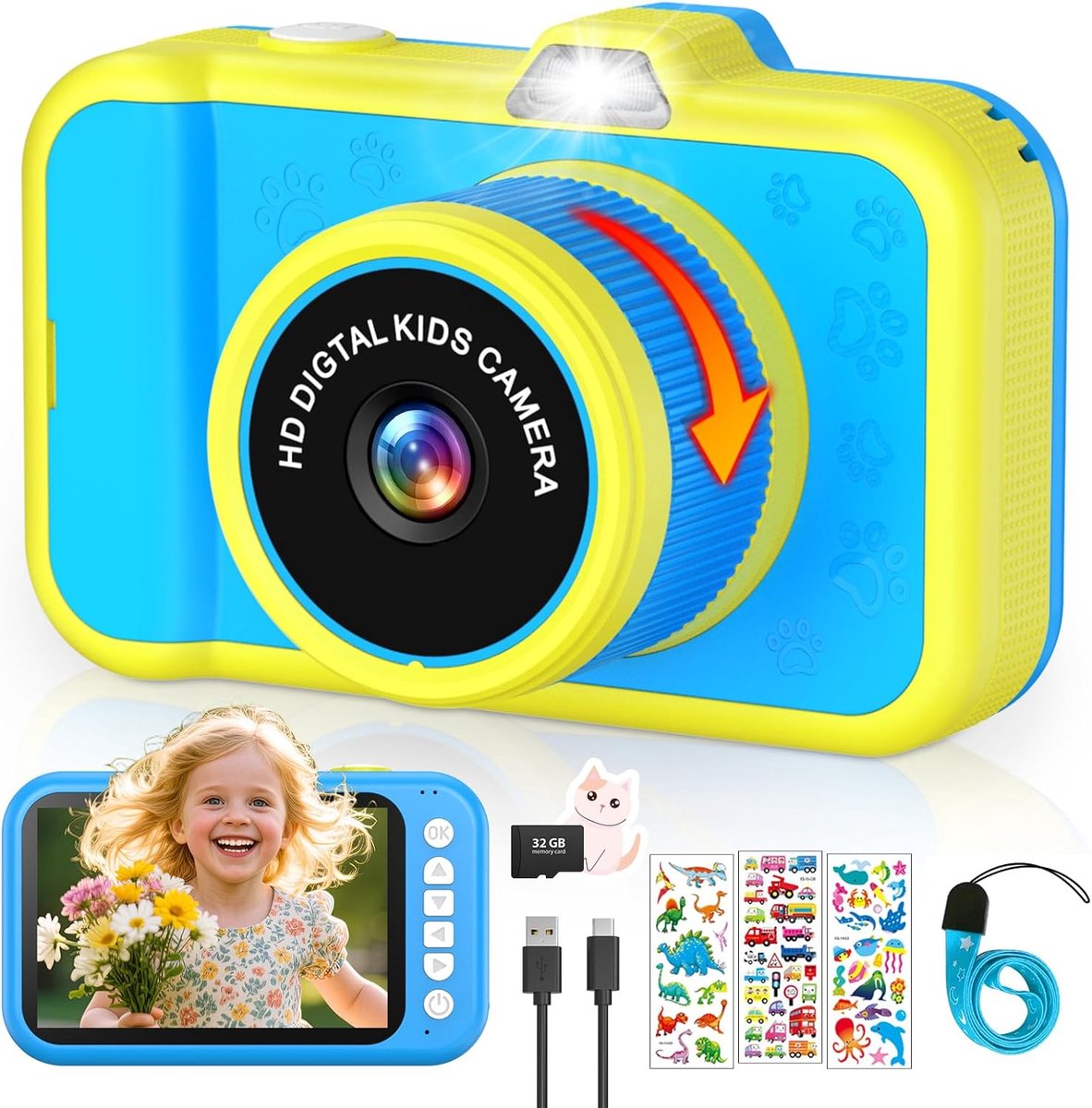 Kindercamera met 360° roterende zoomlens, 3,5 inch groot display, kindercamera met selfies, led-flits, digitale camera fototoestel voor kinderen met 32G-kaart, speelgoed, cadeaus voor kinderen van 3