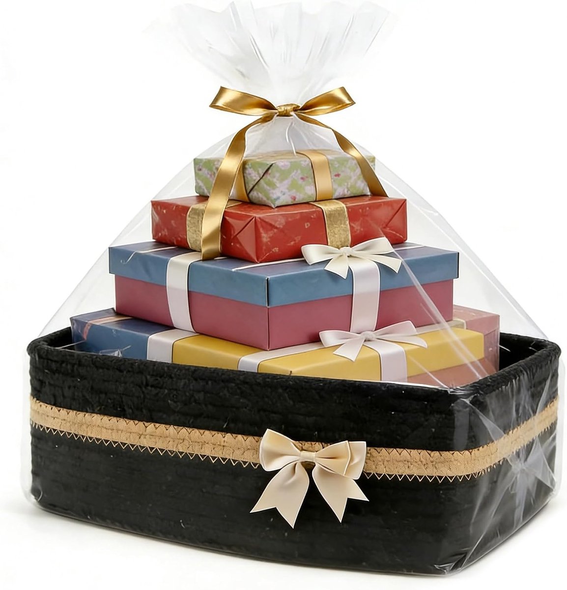 Leeg, Opbergmand Geflochten, Geflochtene Mand met Geschenkzakken en Linten, Katoenen Organizer voor Handdoeken, Geweven Opbergmand voor Verjaardag Huwelijk Pasen (Zwart)