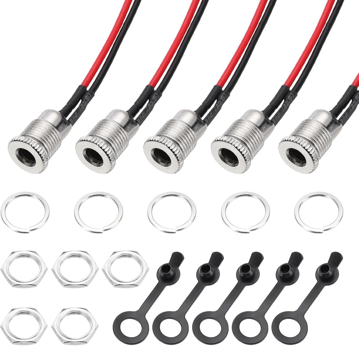 DC DC-099 Stroomaansluiting, 30 V, 5 A, 5,5 x 2,5 mm, 2-polig, voor paneelmontage, met moer, sluitring, waterdicht deksel, voorgesoldeerde kabel, 150 mm