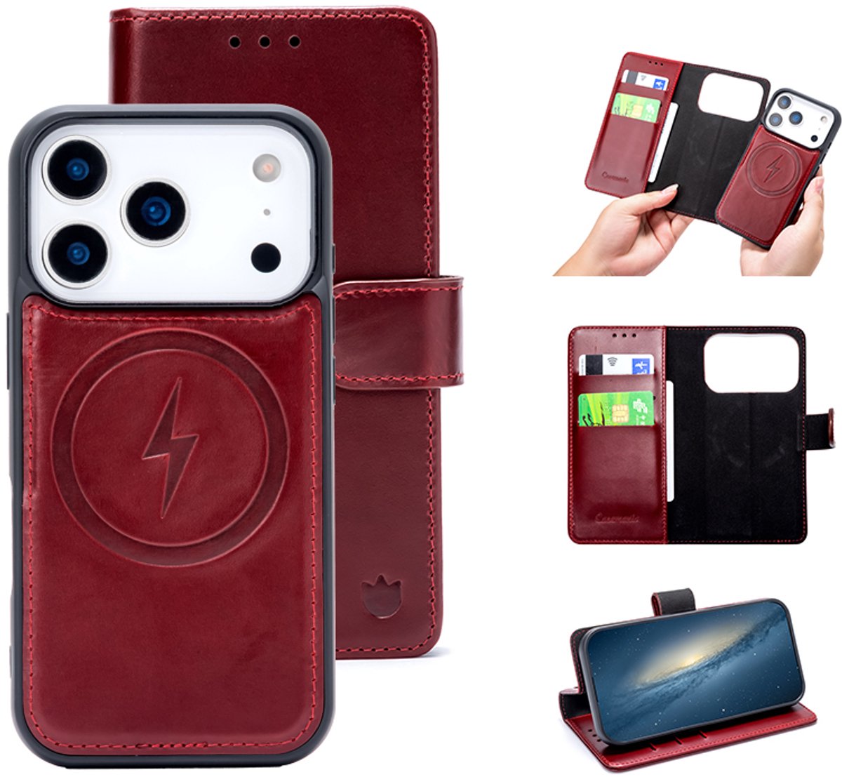 Casemania Echt Leren Hoesje Geschikt voor Apple iPhone 18 Pro Max - Maroon Red - Geschikt voor MagSafe - Leer 2 in 1 Magnetisch Afneembare Book Case - Portemonnee Telefoonhoesje met Pasjeshouder
