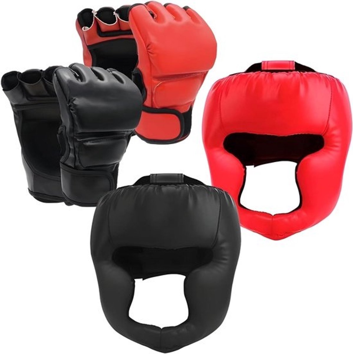 Boksuitrusting Set - Hoofddeksels en Handschoenen - Sparring Training - Uitgebreid Beschermend Ensemble - One Size - Zwart/Rood