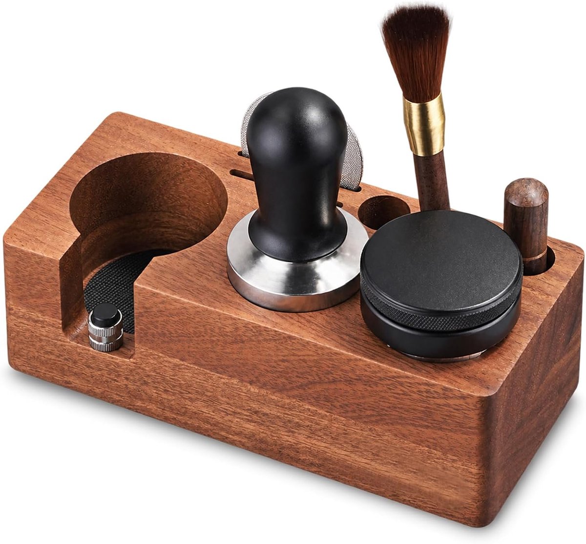 Tamperstation 51 mm/54 mm van walnoothout, espresso tamping station & zeefhouder, barista werkplek, in hoogte verstelbaar met draaiknop en anti-slip basis, siliconen pads, voor Sage, Philips