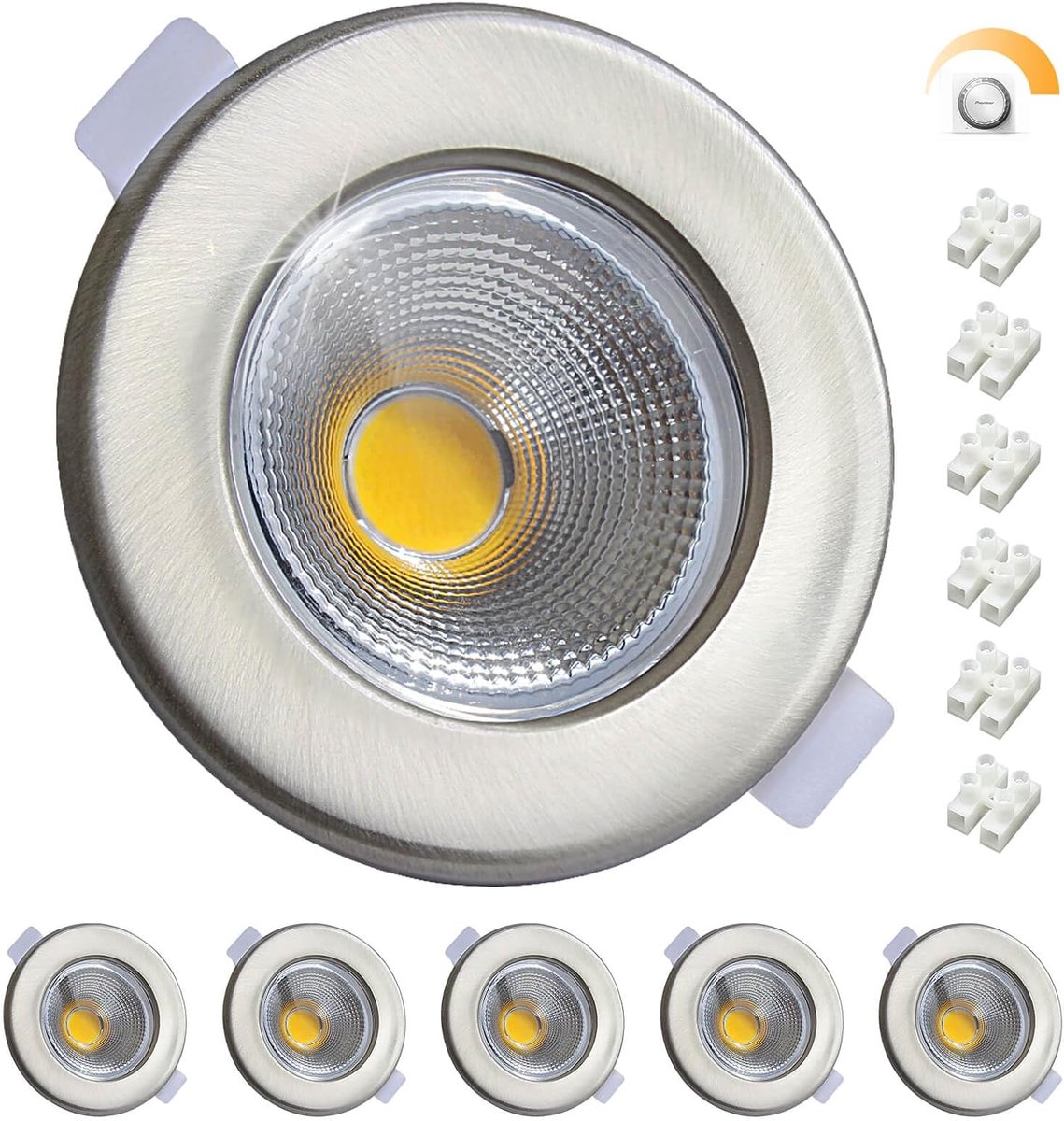 10 W, dimbaar, 230 V, geborsteld roestvrij staal, rond, 5000 K, koudwit, 850 lm, 65-88 mm, voor slaapkamer en woonkamer, 6 stuks