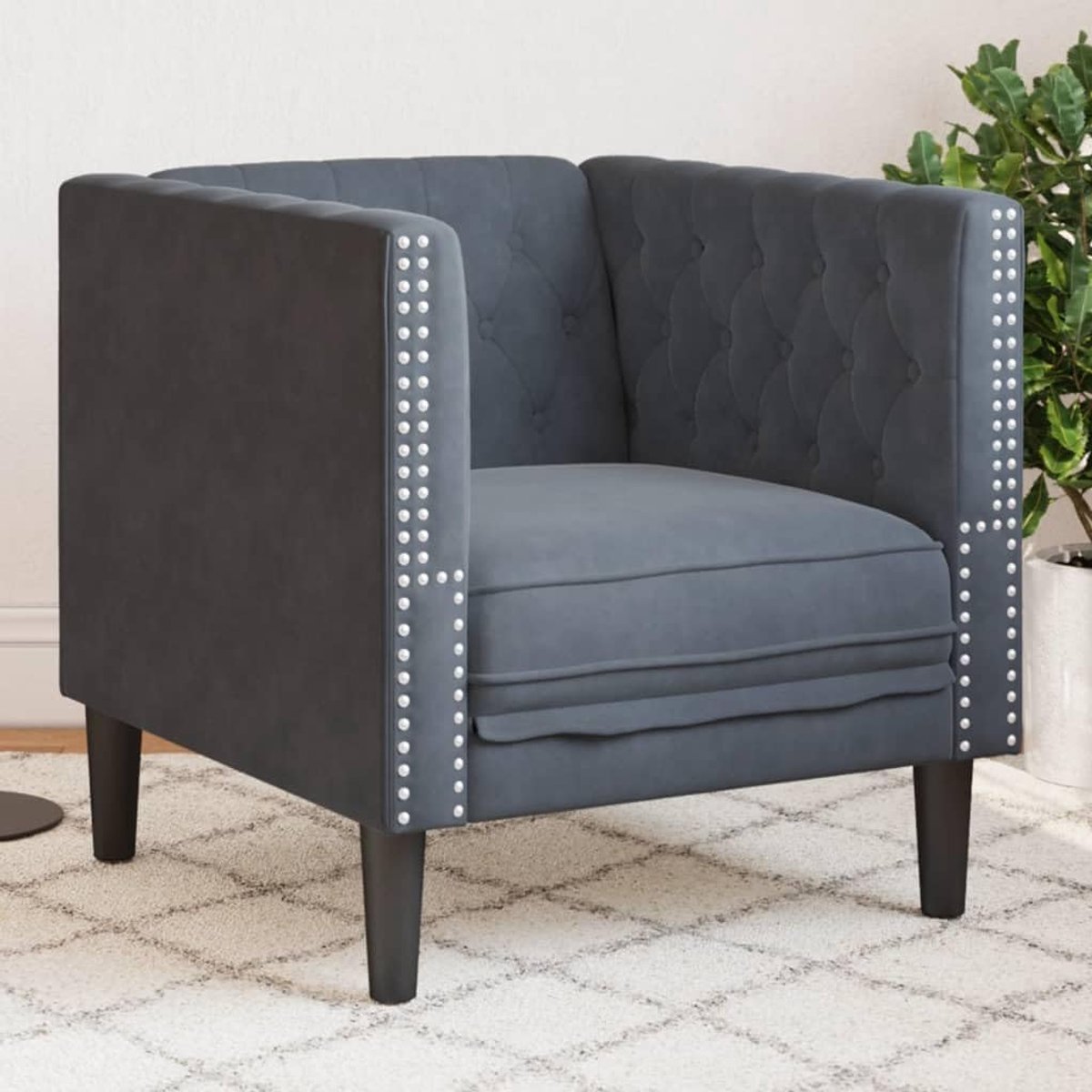 Donkergrijs fluweel, luxe gestoffeerde stoel met knoopsdesign voor woonkamer en kantoor, zacht velours, comfortabele zitting, stabiele houten poten
