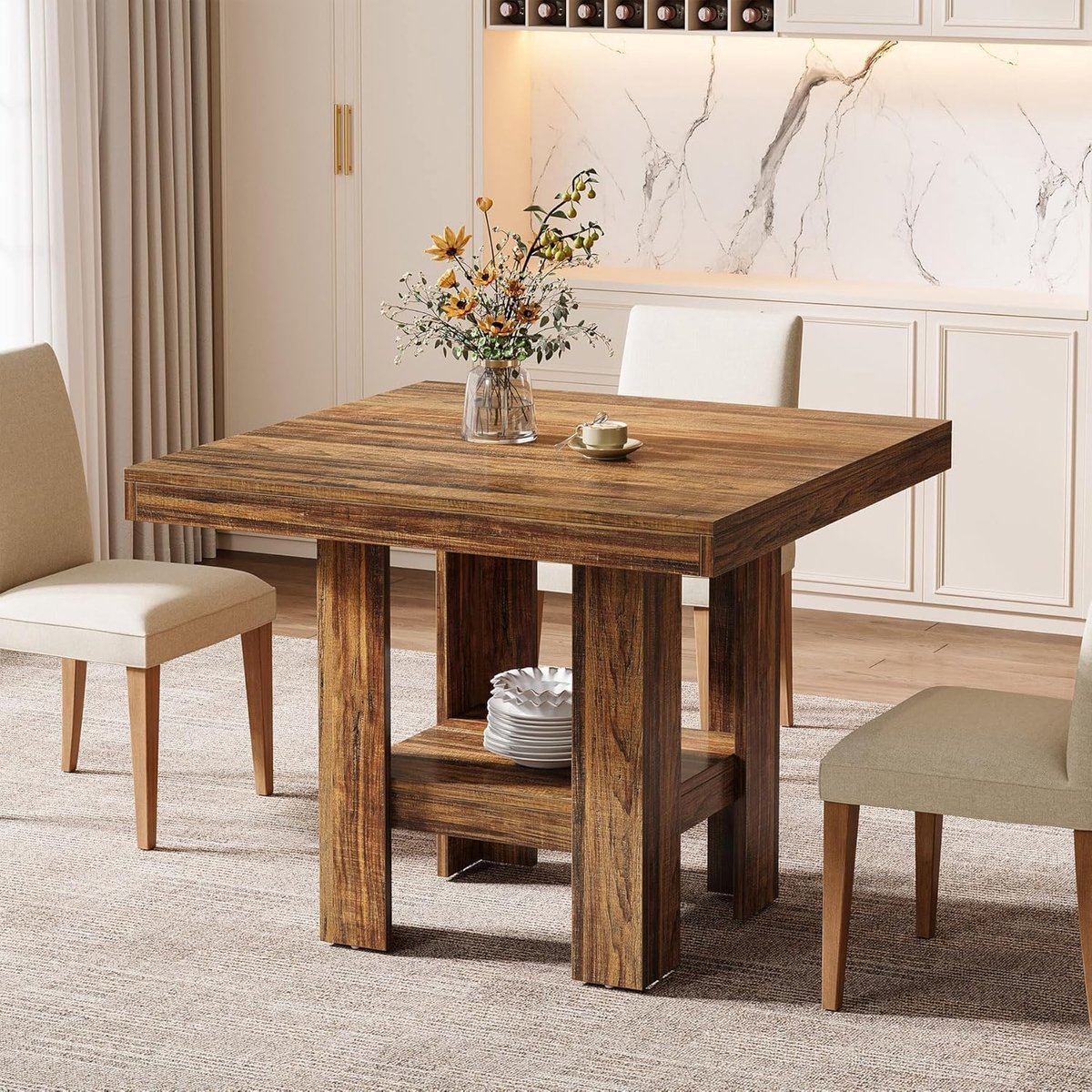 Vierkante eettafel voor 2 stuks, 80 x 80 x 75 cm, industriële eettafel, houten keukentafel voor eetkamer, kleine kamer, appartement, rustiek bruin