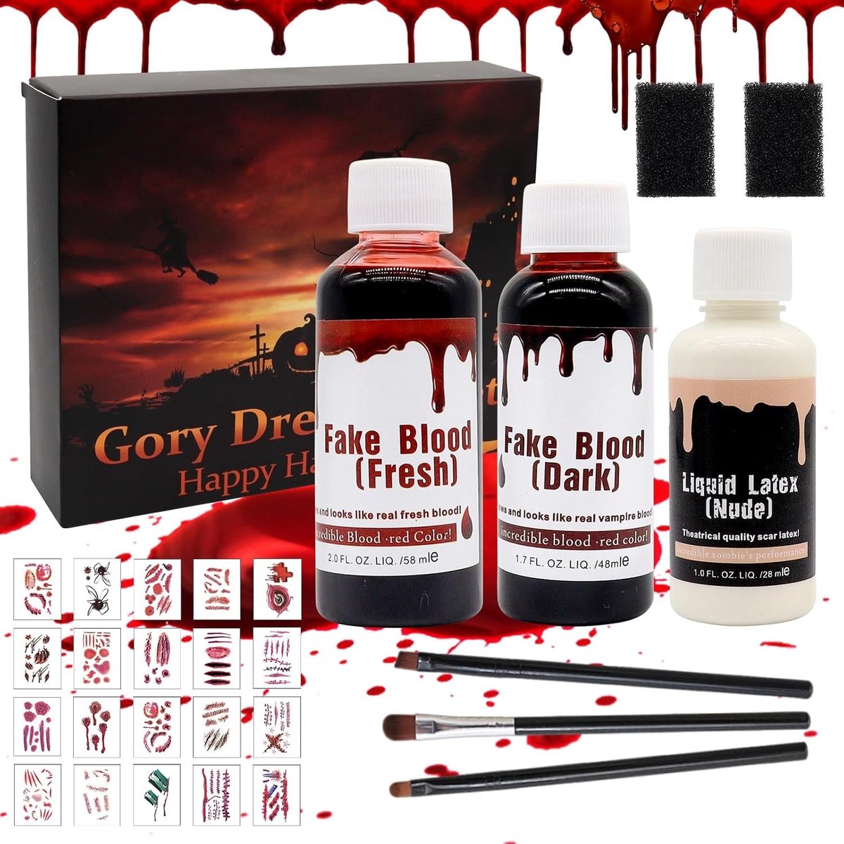 Halloween Nep Bloed Set voor Cosplay, Theatershows en Halloween Feesten - Wasbaar Bloed, Make-up Borstel en Spons voor Zombie en Vampier Looks